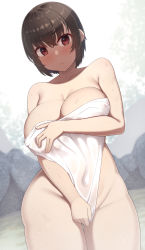 Rule 34 | 1girl, :/, blurry, blurry background, blush, breasts, brown hair, cleavage, covered navel, covering breasts, covering crotch, covering privates, cowboy shot, crossed bangs, groin, highres, large breasts, looking at viewer, naked towel, nude cover, original, red eyes, samegami, short hair, sidelocks, solo, thighs, towel, towel pull, wet, white towel