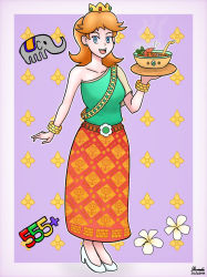 Rule 34 | 1girl, bare shoulders, blue eyes, bowl, breasts, brown hair, crown, daisy, dress, earrings, elephant, fire flower, flower, flower earrings, food, full body, grin, high heels, highres, jewelry, khunminforreal, looking at viewer, mario (series), mario kart, mario kart tour, nintendo, open mouth, princess daisy, smile, standing, tomboy