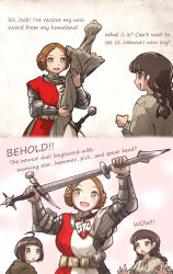 Rule 34 | 3girls, ahoge, ahoge page (ironlily), armor, balance scale print, belt, braid, brown hair, gambeson, highres, holding, holding weapon, ironlily, lady johnna (ironlily), long hair, medieval, multiple girls, ordo mediare sisters (ironlily), surcoat, sword, twin braids sister (ironlily), weapon