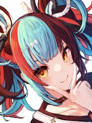 Rule 34 | 1girl, absurdres, black collar, collar, fate/grand order, fate (series), hair ornament, hairclip, highres, multicolored hair, portrait, sei shounagon (fate), smile, twintails, v over mouth, white background, yagi (yagi5art), yellow eyes