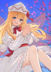 Rule 34 | 1girl, blonde hair, blue eyes, blush, capelet, dress, fairy, fairy wings, feet out of frame, hair between eyes, hat, highres, kanpa (campagne 9), lily white, long hair, long sleeves, open mouth, smile, solo, thighhighs, touhou, white capelet, white dress, white hat, white thighhighs, wings
