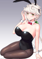 Rule 34 | 1girl, animal ears, asymmetrical hair, black leotard, blush, braid, breasts, brown pantyhose, cleavage, closed mouth, collarbone, cypress, detached collar, fake animal ears, fake tail, gradient background, kantai collection, large breasts, leotard, long hair, pantyhose, playboy bunny, rabbit ears, rabbit tail, single braid, smile, solo, tail, twitter username, unryuu (kancolle), very long hair, white hair, wrist cuffs, yellow eyes