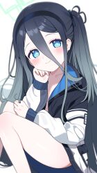 Rule 34 | 1girl, aris (blue archive), blue archive, blue eyes, blue hair, blush, breasts, cleavage, commentary request, dark background, dark blue hair, hair between eyes, hair ornament, halo, headband, highres, inuyama nanami, jacket, looking at viewer, school uniform, small breasts, smile, solo, white background
