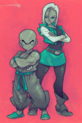 Rule 34 | 1boy, 1girl, android 18, ankle boots, bald, belt, blue eyes, boots, couple, cropped jacket, crossed arms, denim, denim jacket, denim skirt, dougi, dragon ball, dragonball z, earrings, edwin huang, facial mark, facing viewer, forehead mark, full body, highres, husband and wife, jacket, jewelry, kuririn, limited palette, looking at viewer, martial arts belt, miniskirt, monochrome, muscular, no nose, pantyhose, red background, shaved head, short hair, simple background, skirt, sleeveless, smile, torn clothes, torn sleeves, wristband