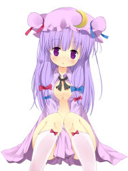 Rule 34 | 1girl, amaa (chou dennou jidai), bad id, bad pixiv id, breasts, cleavage, female focus, hat, long hair, no bra, open clothes, open robe, patchouli knowledge, purple eyes, purple hair, robe, simple background, solo, touhou, white background