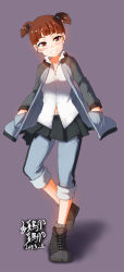 Rule 34 | 1girl, blue background, blunt bangs, blush, breasts, brown eyes, brown hair, collarbone, dated, eyebrows, girls und panzer, grin, hands in pockets, highres, jacket, looking at viewer, megadeko, mikko (girls und panzer), monochrome background, navel, open clothes, open jacket, pants, pants under skirt, parted lips, shiny skin, short hair, short twintails, simple background, skirt, small breasts, smile, solo, teeth, twintails