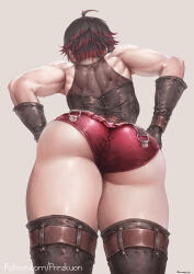 Rule 34 | 1girl, alternate muscle size, ass, ass focus, back, black hair, black thighhighs, facing away, from behind, from below, gloves, gradient hair, huge ass, kuon (kwonchanji), multicolored hair, muscular, muscular female, red hair, red shorts, ruby rose, rwby, short hair, shorts, shoulder blades, simple background, solo, standing, thick thighs, thighhighs, thighs, two-tone hair
