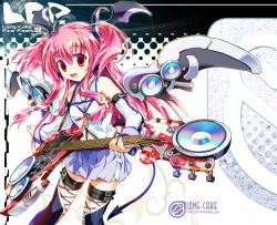 Rule 34 | 10s, 1girl, angel beats!, ankle lace-up, cross-laced footwear, ein (artist), ein (long cake), fang, guitar, hair ornament, head wings, instrument, long hair, pink hair, red eyes, school uniform, serafuku, short twintails, solo, tail, thigh strap, thighhighs, twintails, two side up, wings, yui (angel beats!)