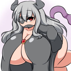 Rule 34 | 1girl, bent over, borrowed character, bottomless, breasts, cleavage, eyepatch, female focus, gradient background, grey hair, hanging breasts, horns, huge breasts, long hair, looking at viewer, mask, moyashi udon, no bra, open clothes, red eyes, shirt, simple background, solo, standing, tail