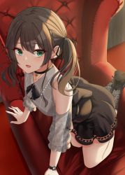 Rule 34 | 1girl, :d, all fours, armchair, bare shoulders, black choker, black footwear, black ribbon, black skirt, black socks, blush, brown hair, chair, choker, commentary request, detached sleeves, earrings, green eyes, grey shirt, hair ribbon, heart, heart choker, high-waist skirt, highres, hololive, indoors, jewelry, kneehighs, long hair, looking at viewer, natsuiro matsuri, natsuiro matsuri (casual), open mouth, ribbon, see-through, shirt, short sleeves, skirt, smile, socks, solo, twintails, virtual youtuber, yamikyon