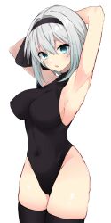 Rule 34 | 1girl, alternate costume, aqua eyes, armpits, arms behind head, arms up, black hairband, black leotard, black thighhighs, breasts, commentary request, cowboy shot, grey hair, groin, hairband, highres, konpaku youmu, large breasts, leotard, looking at viewer, open mouth, short hair, sideboob, simple background, solo, suiu shinotsuku, thighhighs, touhou, white background