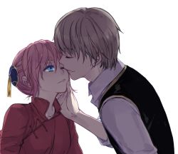 Rule 34 | 1boy, 1girl, bad id, bad pixiv id, blue eyes, brown hair, bun cover, chinese clothes, double bun, gintama, hair bun, hand on another&#039;s face, hetero, imminent kiss, kagura (gintama), kiss, loli bushi, looking at another, okita sougo, one eye closed, parted lips, pink hair, shirt, short hair, simple background, upper body, vest, white background, white shirt