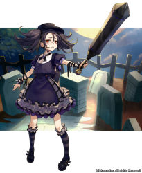 Rule 34 | 1girl, black hair, bow, bowtie, bracelet, company name, full body, hat, highres, jewelry, long hair, mace, maully, moon, night, night sky, official art, outside border, red eyes, simple background, sky, solo, tombstone, twintails, valkyrie connect, weapon, white background, yuu (higashi no penguin)