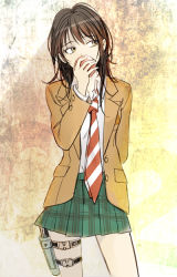 Rule 34 | 1girl, apple, arms behind back, bad id, bad pixiv id, black hair, blazer, coppelion, covering own mouth, food, fruit, green skirt, holster, jacket, long hair, looking away, miniskirt, naruse ibara, necktie, penki, plaid, plaid skirt, pleated skirt, school uniform, skirt, solo, striped necktie, striped neckwear, thigh holster, yellow eyes