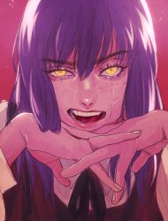 Rule 34 | 1girl, black ribbon, chainsaw man, collared shirt, cross scar, drgryu750, facial scar, hair between eyes, hands on own chin, highres, lips, lipstick, long sleeves, makeup, medium hair, open mouth, pink background, purple hair, raised eyebrows, ribbon, ringed eyes, scar, scar on cheek, scar on face, shirt, simple background, solo, straight-on, teeth, upper body, yellow eyes, yoru (chainsaw man)