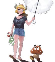 Rule 34 | 1girl, 1other, alternate costume, bag, black collar, black shirt, blonde hair, blue shorts, bowsette, collar, crown, goomba, highres, holding, holding bag, holding umbrella, horns, long hair, mario (series), new super mario bros. u deluxe, nintendo, piranha plant, ponytail, sandals, shadow, shirt, shirt tucked in, shorts, signature, simple background, spiked collar, spikes, super crown, toot, umbrella, white background, white umbrella
