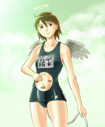 Rule 34 | 00s, 1girl, digital media player, haibane renmei, halo, ipod, name tag, one-piece swimsuit, personification, product girl, rakka (haibane), school swimsuit, solo, static cling, swimsuit, what, wings