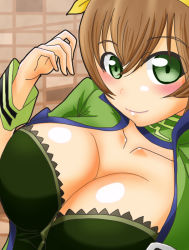 Rule 34 | 1girl, blush, breasts, brown hair, cleavage, collarbone, green eyes, large breasts, long nose plier (ole tower), looking at viewer, ole tower, pcwr etchy, short hair, smile, solo, upper body