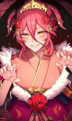 Rule 34 | 1girl, absurdres, black background, blush, breasts, claw pose, dragalia lost, dragon girl, dragon horns, embers, flower, fur trim, hair between eyes, hair flower, hair ornament, highres, horns, large breasts, lips, long hair, looking at viewer, mym (dragalia lost), nurufufufu, open mouth, red hair, smile, solo, tiara, upper body, yellow eyes