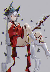 Rule 34 | 1girl, absurdres, aqua hat, arknights, bare shoulders, black ribbon, boots, breasts, chinese commentary, closed mouth, clothing cutout, commentary request, detached sleeves, dress, grey background, hair between eyes, halu u, hat, high heel boots, high heels, highres, holding, holding staff, huge filesize, invisible chair, leg ribbon, long hair, looking away, looking to the side, low-tied long hair, medium breasts, navel cutout, official alternate costume, red dress, red eyes, ribbon, silver hair, sitting, skadi (arknights), skadi the corrupting heart (arknights), solo, staff, thighs, very long hair, white footwear