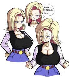 Rule 34 | 1girl, absurdres, android 18, belt, blonde hair, blue eyes, bob cut, breasts, cleavage, covered erect nipples, cropped legs, denim, dragon ball, dragonball z, earrings, english text, female focus, fighting stance, hands on own hips, highres, hoop earrings, jeans, jewelry, large breasts, looking at viewer, looking to the side, medium hair, multiple views, pants, pseudocel, raglan sleeves, serious, simple background, smile, solo, speech bubble, standing, upper body, white background