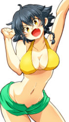 Rule 34 | 1girl, aono3, arm up, bikini, bikini shorts, black hair, braid, breasts, brown eyes, cleavage, clenched hand, commentary, cowboy shot, fang, girls und panzer, green bikini, groin, head tilt, highres, large breasts, looking at viewer, mismatched bikini, navel, open mouth, pepperoni (girls und panzer), short hair, shorts, side braid, simple background, smile, solo, standing, swimsuit, v-shaped eyes, white background, yellow bikini