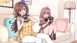 Rule 34 | 2girls, absurdres, age difference, ahoge, apron, bekotarou, blue eyes, blush, breasts, brown eyes, brown hair, checkered apron, checkered clothes, controller, couch, drawing (object), dress, embarrassed, feet, feet up, female focus, frilled pillow, frills, hands up, highres, holding, holding controller, indoors, large breasts, legs, long hair, looking away, low ponytail, mankai kaika, mature female, medium hair, mother and daughter, multiple girls, nose blush, open mouth, original, pillow, playing games, sex toy, sitting, socks, thighs, vibrator, vibrator under clothes