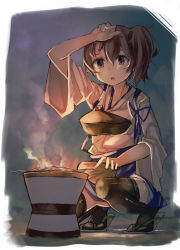 Rule 34 | 10s, 1girl, bad id, bad pixiv id, black thighhighs, brown eyes, brown hair, cooking, hand fan, hiro j, kadokawa games, kaga (kancolle), kantai collection, muneate, open mouth, side ponytail, skirt, solo, squatting, sweat, thighhighs