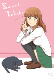 Rule 34 | 1girl, artist name, black neckerchief, black thighhighs, blouse, blunt bangs, brown footwear, cat, character name, closed mouth, commentary, from side, girls und panzer, green skirt, highres, lettuce-labo, loafers, long hair, long sleeves, looking at viewer, miniskirt, motion lines, neckerchief, notice lines, ooarai school uniform, orange eyes, orange hair, pleated skirt, sailor collar, school uniform, serafuku, shadow, shirt, shoes, signature, skirt, smile, solo, squatting, takebe saori, thighhighs, v, white sailor collar, white shirt