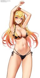 Rule 34 | 1girl, absurdres, armpits, arms up, bikini, black bikini, blonde hair, blush, breasts, choker, cleavage, collarbone, commentary, cowboy shot, floral print, highres, jewelry, kitagawa marin, large breasts, long hair, looking at viewer, multicolored hair, navel, necklace, open mouth, pantheon eve, patreon username, red eyes, red hair, smile, sono bisque doll wa koi wo suru, swimsuit, teeth, watermark, web address