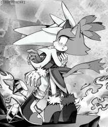 Rule 34 | 1boy, 1girl, blaze the cat, blush, chaos emerald, commentary, crying, english commentary, fire, furry, furry female, furry male, gloves, greyscale, highres, hug, monochrome, scruffyart, silver the hedgehog, sonic (series), tail