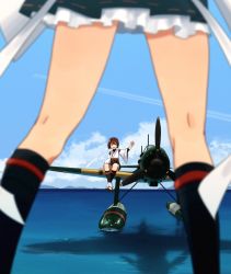 Rule 34 | 2girls, aichi e13a, aircraft, airplane, annin musou, bad id, bad twitter id, black skirt, black socks, blue sky, blurry, brown eyes, brown hair, brown skirt, cloud, commentary request, contrail, day, depth of field, e16a zuiun, frilled skirt, frills, headband, hyuuga (kancolle), ise (kancolle), kantai collection, kneehighs, multiple girls, ocean, outdoors, short hair, sitting, skin tight, skirt, sky, socks, standing, undershirt, vehicle focus, white headband