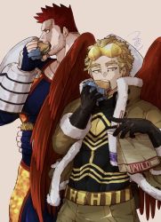 Rule 34 | 2boys, beard, belt, blonde hair, blue eyes, body markings, bodysuit, bodysuit under clothes, boku no hero academia, burger, burn scar, costume, drink, earrings, eating, endeavor (boku no hero academia), eyewear on head, facial hair, facial scar, fast food, feathered wings, feathers, fingerless gloves, food, french fries, fur-trimmed jacket, fur trim, gloves, goatee, hawks (boku no hero academia), headphones, highres, holding, holding drink, holding food, jacket, jewelry, mahoubin (totemo hot dayo), male focus, mature male, multiple boys, muscular, muscular male, mustache, red feathers, red hair, rimless eyewear, scar, scar across eye, scar on cheek, scar on face, scar on mouth, short hair, sideburns, signature, size difference, skin tight, spiked hair, stubble, stud earrings, tinted eyewear, toned, toned male, utility belt, very short hair, white background, wings, yellow eyes