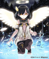 Rule 34 | 10s, 1girl, angel, angel wings, bad id, bad pixiv id, bare shoulders, barefoot, black hair, black thighhighs, blush, cleavage cutout, clothing cutout, cloud, copyright name, cross, cygames, detached collar, detached sleeves, dress, expressionless, feather hair ornament, feathers, flat chest, glowing, glowing wings, goth fashion, hair ornament, hair over one eye, halo, jewelry, len (a-7), light particles, looking at viewer, magic, nature, necklace, night, night sky, no bra, outdoors, puffy sleeves, river, sakieru (shingeki no bahamut), shingeki no bahamut, short dress, short hair, sky, solo, squatting, standing, standing on liquid, swept bangs, thigh strap, thighhighs, toeless legwear, toes, tree, turtleneck, water, watermark, white wings, wings, yellow eyes, zettai ryouiki