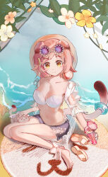 Rule 34 | 1girl, absurdres, animal ears, arknights, beach, bikini, blue shorts, breasts, cat, cat ears, cat girl, cat tail, cleavage, cocktail umbrella, collarbone, commentary request, drink, eyewear on head, feet, flying burrito cat, food-themed hair ornament, goldenglow (arknights), goldenglow (summer flowers) (arknights), hair ornament, highres, holding, holding drink, large breasts, long hair, looking at viewer, navel, official alternate costume, outdoors, petting, purple-tinted eyewear, sand, sandals, shorts, sitting, smile, solo, split mouth, stomach, sunglasses, swimsuit, tail, tail ornament, tail ring, tinted eyewear, unworn sandals, water, watermelon hair ornament, white bikini, yellow eyes