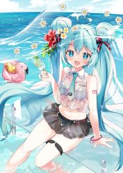 Rule 34 | 1girl, arami o 8, bikini, bikini under clothes, bird, blue eyes, blue hair, bracelet, commentary, daisy, double bun, flamingo, flower, food, hair between eyes, hair bun, hair flower, hair ornament, hair ribbon, hatsune miku, holding, holding food, inflatable flamingo, inflatable toy, jewelry, long hair, looking at viewer, nail polish, necktie, open mouth, outdoors, popsicle, ribbon, rubber duck, see-through, sitting, smile, soaking feet, solo, swimsuit, twintails, very long hair, vocaloid, water