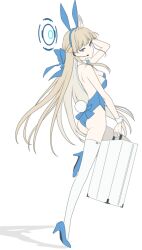 Rule 34 | 1girl, akinashi yuu, animal ears, aqua bow, aqua bowtie, ass, blonde hair, blue archive, blue eyes, blue hairband, blue leotard, bow, bowtie, breasts, briefcase, closed mouth, commentary request, detached collar, earpiece, fake animal ears, fake tail, from behind, full body, hairband, halo, high heels, highleg, highleg leotard, holding, holding briefcase, leotard, long hair, looking at viewer, medium breasts, official alternate costume, playboy bunny, rabbit ears, rabbit tail, solo, standing, standing on one leg, strapless, strapless leotard, tail, thighhighs, toki (blue archive), toki (bunny) (blue archive), very long hair, white thighhighs, white wrist cuffs, wrist cuffs