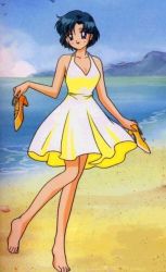 Rule 34 | 1990s (style), barefoot, bishoujo senshi sailor moon, dancing, dress, feet, happy, high heels, mizuno ami, ocean, sailor mercury, sand, smile