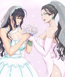Rule 34 | 2girls, ahoge, anbj, black hair, bouquet, breasts, bridal veil, brown eyes, cleavage, cowboy shot, crossover, dangle earrings, dress, earrings, elbow gloves, executive mishiro, eyelashes, falling petals, female focus, flower, gloves, green eyes, high ponytail, holding, holding bouquet, idolmaster, idolmaster cinderella girls, jewelry, kashimoto riko, large breasts, lips, looking at viewer, looking down, medium breasts, multiple girls, open mouth, parted lips, petals, pink background, sidelocks, strapless, strapless dress, thighs, tsurime, umamusume, veil, wavy hair, wedding dress, white dress, white gloves, wife and wife, yuri
