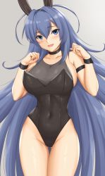 Rule 34 | 1girl, absurdly long hair, animal ears, arcie albano, azur lane, bare legs, black leotard, blue eyes, blue hair, bodystocking, choker, cleavage, covered collarbone, covered navel, cowboy shot, detached collar, fake animal ears, hair between eyes, highres, leotard, long hair, looking at viewer, new jersey (azur lane), new jersey (exhilarating steps!) (azur lane), official alternate costume, open mouth, playboy bunny, rabbit ears, see-through, see-through cleavage, solo, strapless, strapless leotard, very long hair