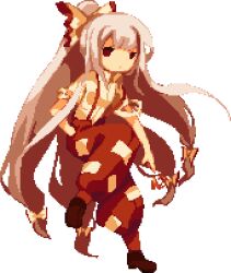 Rule 34 | 1girl, baggy pants, bow, collared shirt, fire, fujiwara no mokou, hair bow, hime cut, imperishable night, long hair, ofuda, ofuda on clothes, pants, pixel art, red eyes, red pants, rrrssr, shirt, shoes, short sleeves, solo, suspenders, touhou, transparent background, very long hair, white bow, white hair, white shirt