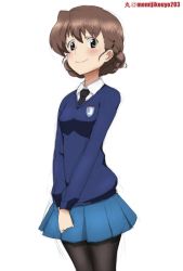 Rule 34 | 1girl, alternate hairstyle, artist name, black necktie, black pantyhose, blue skirt, blue sweater, blush, braid, brown eyes, brown hair, closed mouth, commentary, cosplay, cowboy shot, darjeeling, darjeeling (cosplay), darjeeling (girls und panzer), dress shirt, emblem, girls und panzer, hair ornament, hairclip, kayabakoro, long sleeves, looking at viewer, miniskirt, necktie, one-hour drawing challenge, own hands together, pantyhose, pleated skirt, rukuriri (girls und panzer), school uniform, shirt, short hair, simple background, skirt, smile, solo, st. gloriana&#039;s (emblem), st. gloriana&#039;s school uniform, standing, sweater, twin braids, twitter username, v-neck, v arms, white background, white shirt, wing collar