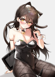 Rule 34 | 1girl, animal ear fluff, animal ears, bare shoulders, bell, black pantyhose, breasts, brown hair, cat ears, cat girl, cat tail, cleavage, closed mouth, collarbone, commentary request, detached collar, fishnet pantyhose, fishnets, glasses, grey background, hair between eyes, hand in own hair, hecha (01964237), highres, jingle bell, large breasts, leotard, long hair, looking at viewer, mole, mole under eye, neck bell, nontraditional playboy bunny, original, pantyhose, pen, playboy bunny, simple background, sitting, solo, tail, yellow eyes