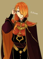 Rule 34 | 1boy, 31sgic, armor, blonde hair, bracelet, brown background, cape, circlet, copyright name, fire emblem, fire emblem echoes: shadows of valentia, hair over one eye, jewelry, long hair, low ponytail, luthier (fire emblem), male focus, multicolored hair, nintendo, orange hair, simple background, solo, two-tone hair, upper body