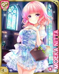 Rule 34 | 1girl, basket, bow, candle, character name, church, closed mouth, dress, fingers together, flower, girlfriend (kari), holding, indoors, nitta moeka, official art, pink bow, pink hair, purple eyes, qp:flapper, short hair, smile, solo, standing, white bow, white dress, window