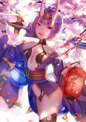 Rule 34 | 1girl, :d, absurdres, bad id, bad pixiv id, black thighhighs, blunt bangs, breasts, fang, fate/grand order, fate (series), from side, gem, hair ornament, highres, holding, holding lantern, holding sword, holding weapon, horns, japanese clothes, kimono, lantern, looking at viewer, open mouth, paper lantern, purple eyes, purple hair, purple kimono, revealing clothes, short hair, shuten douji (fate), sideboob, sll, small breasts, smile, solo, standing, sword, thighhighs, weapon