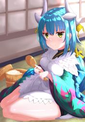 Rule 34 | 1girl, 966982, absurdres, alternate costume, alternate hairstyle, apron, aqua hair, aqua kimono, benienma (fate), benienma (fate) (cosplay), cosplay, dragon girl, dragon horns, fate/grand order, fate (series), feather trim, highres, holding, holding spoon, horns, japanese clothes, kimono, kiyohime (fate), low ponytail, multiple horns, ohitsu, shamoji, sitting, solo, spoon, white apron, wide sleeves, wooden spoon, yellow eyes