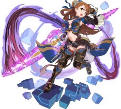 Rule 34 | 1girl, arm up, armor, armored boots, artist request, asymmetrical bangs, aura, beatrix (granblue fantasy), belt, blue ribbon, blue thighhighs, blue vest, blush, boots, breasts, brown footwear, brown hair, brown jumpsuit, clenched hand, clothing cutout, cube, energy sword, faulds, female focus, full body, gauntlets, granblue fantasy, green eyes, hair ornament, hair ribbon, highres, holding, holding sword, holding weapon, jumpsuit, knee pads, large breasts, leg up, light blush, long hair, looking at viewer, navel, non-web source, official art, open mouth, outstretched arm, ponytail, ribbon, short jumpsuit, shoulder armor, solo, standing, standing on one leg, stomach, stomach cutout, sword, teeth, thighhighs, transparent background, v-shaped eyebrows, vambraces, vest, waist cape, weapon, world flipper