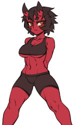 Rule 34 | 1girl, abs, arms behind back, bike shorts, breasts, brown hair, closed mouth, colored skin, kidouko (zakusi), legs apart, looking at viewer, navel, oni, oni skin, orange eyes, original, pointy ears, red oni, red skin, short hair, simple background, solo, standing, tank top, underboob, white background, zakusi
