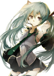 Rule 34 | 1girl, detached sleeves, green hair, hatsune miku, headset, long hair, necktie, skirt, solo, thighhighs, twintails, very long hair, vocaloid, white background, yahhooooi